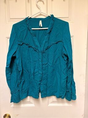 Roper Teal Long-Sleeve Ruffle-Trim Blouse